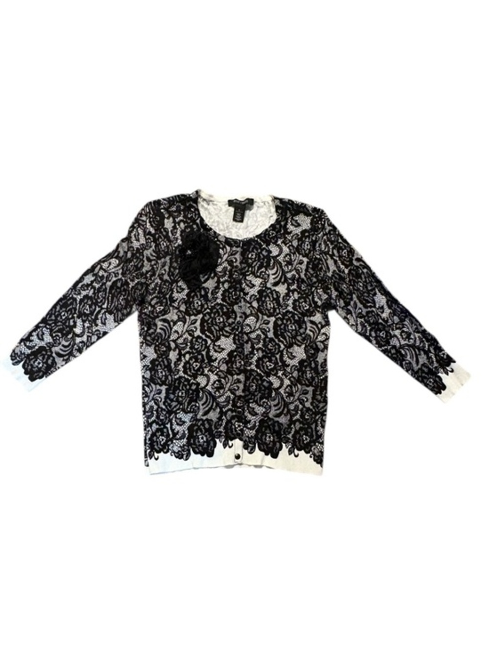White House black market printed lace black white cardigan sweater 3d floral
